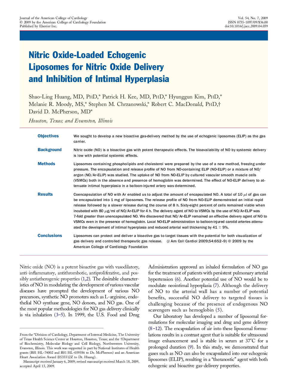 Nitric Oxide-Loaded Echogenic Liposomes for Nitric Oxide Delivery and Inhibition of Intimal Hyperplasia 