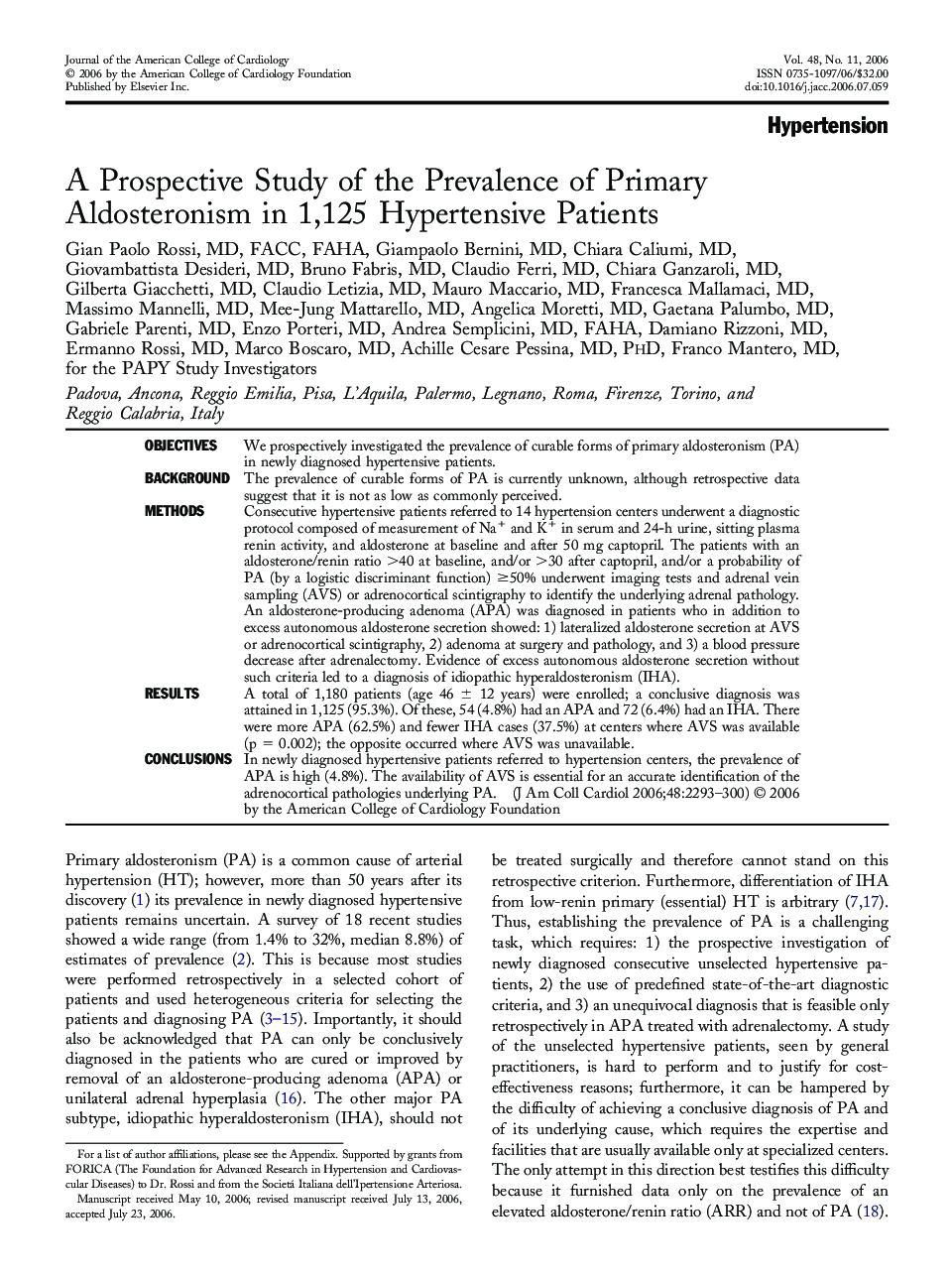 A Prospective Study of the Prevalence of Primary Aldosteronism in 1,125 Hypertensive Patients 