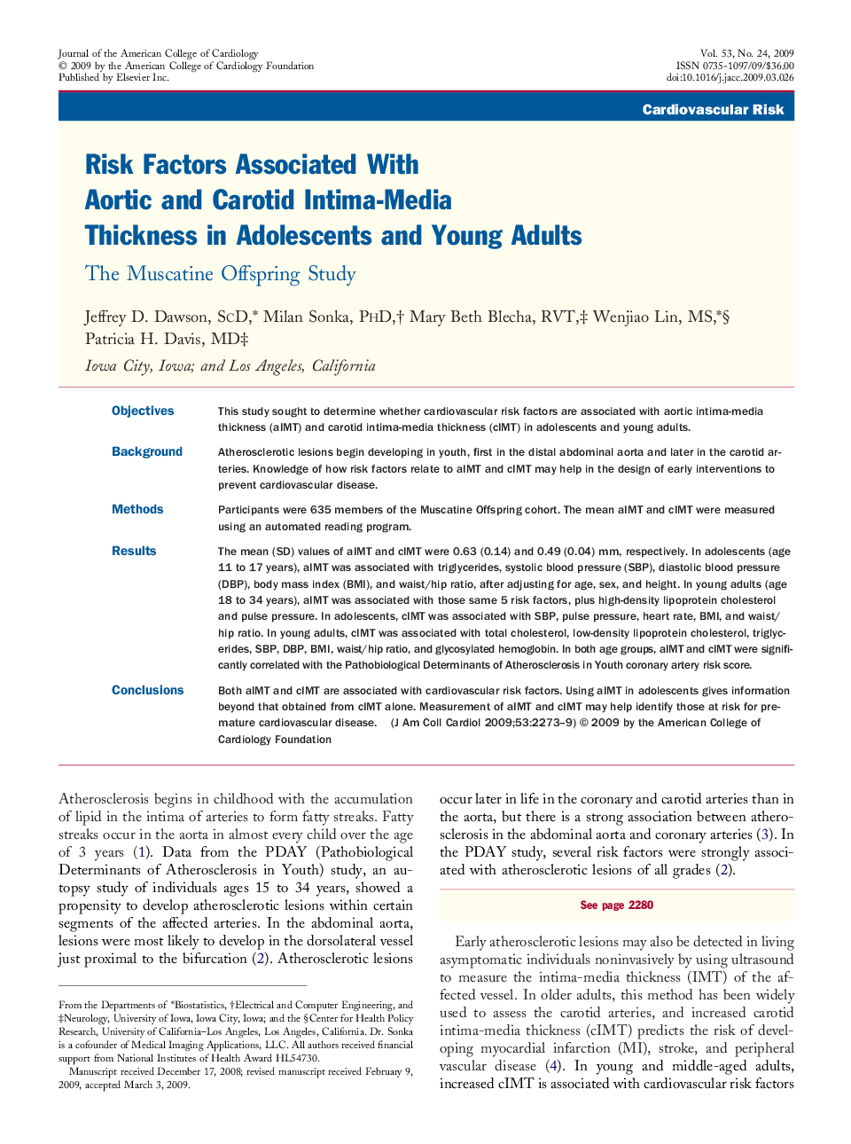 Risk Factors Associated With Aortic and Carotid Intima-Media Thickness in Adolescents and Young Adults : The Muscatine Offspring Study