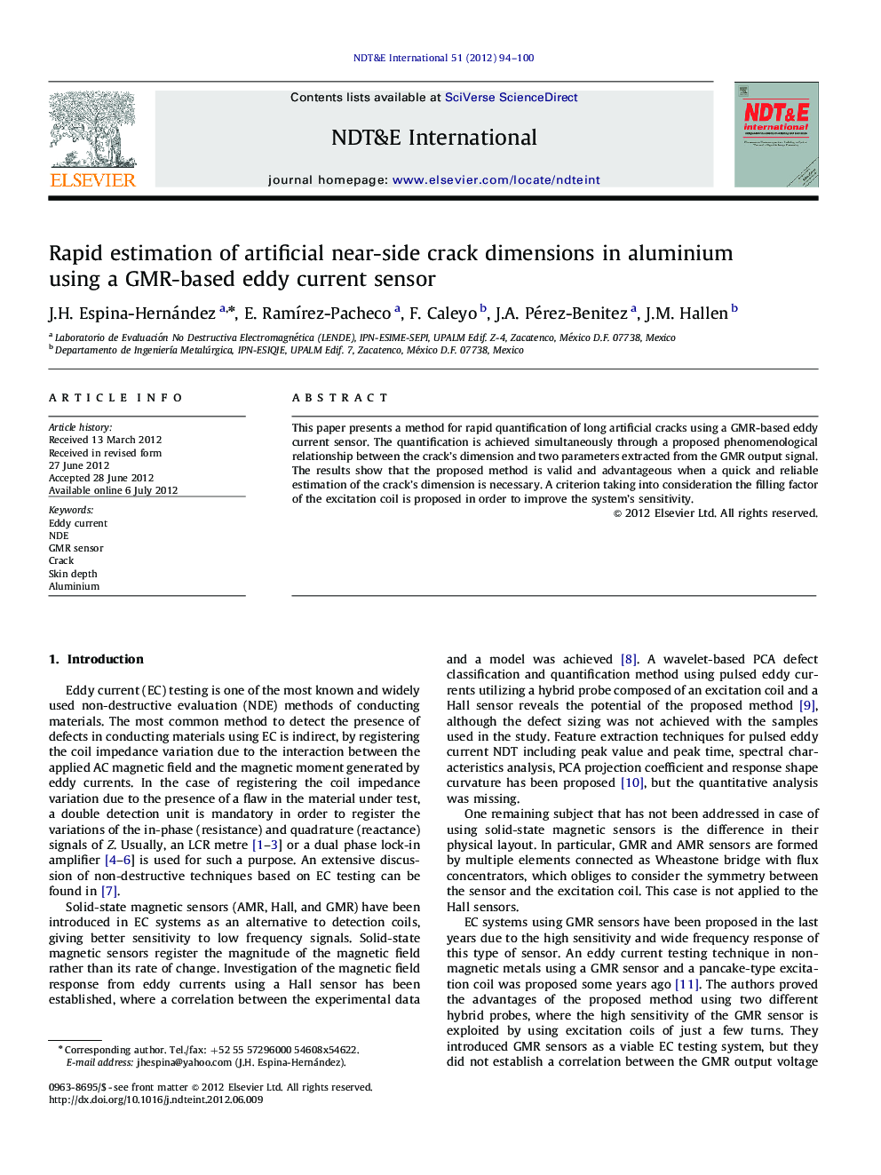 Rapid estimation of artificial near-side crack dimensions in aluminium using a GMR-based eddy current sensor