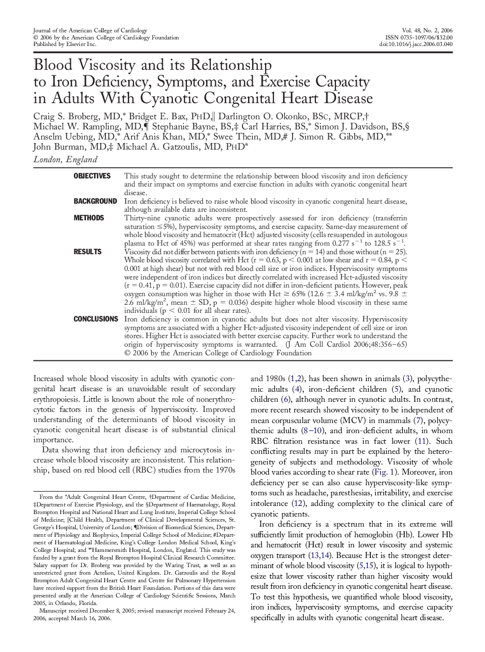 Blood Viscosity and its Relationship to Iron Deficiency, Symptoms, and Exercise Capacity in Adults With Cyanotic Congenital Heart Disease 