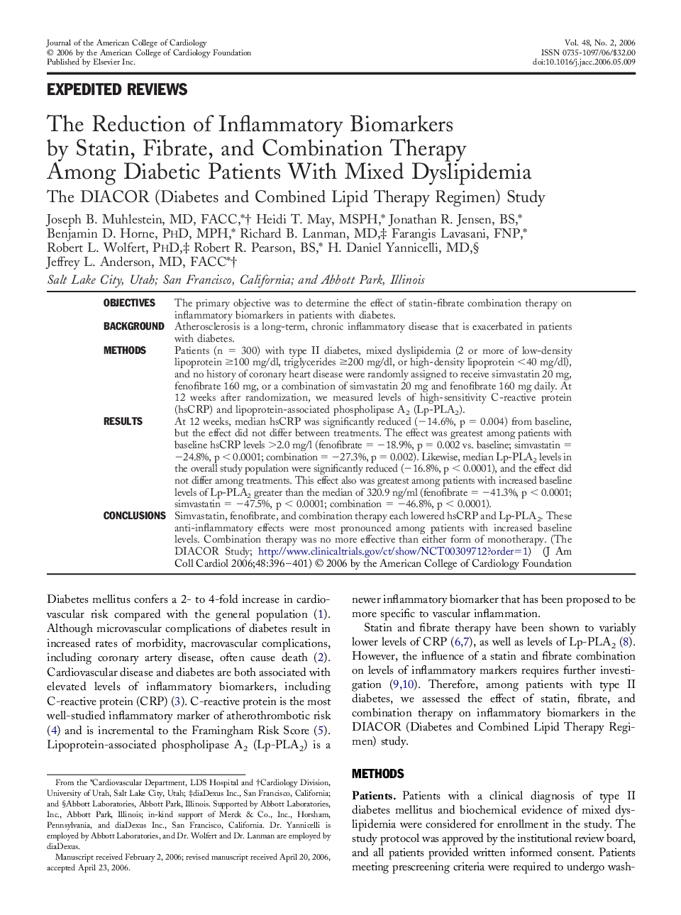 The Reduction of Inflammatory Biomarkers by Statin, Fibrate, and Combination Therapy Among Diabetic Patients With Mixed Dyslipidemia : The DIACOR (Diabetes and Combined Lipid Therapy Regimen) Study