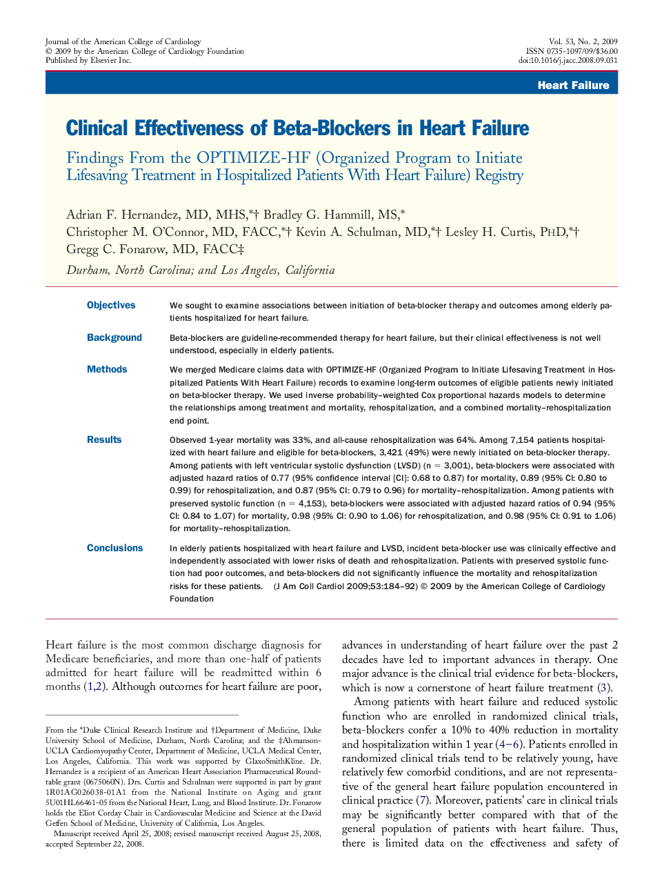 Clinical Effectiveness of Beta-Blockers in Heart Failure : Findings From the OPTIMIZE-HF (Organized Program to Initiate Lifesaving Treatment in Hospitalized Patients With Heart Failure) Registry