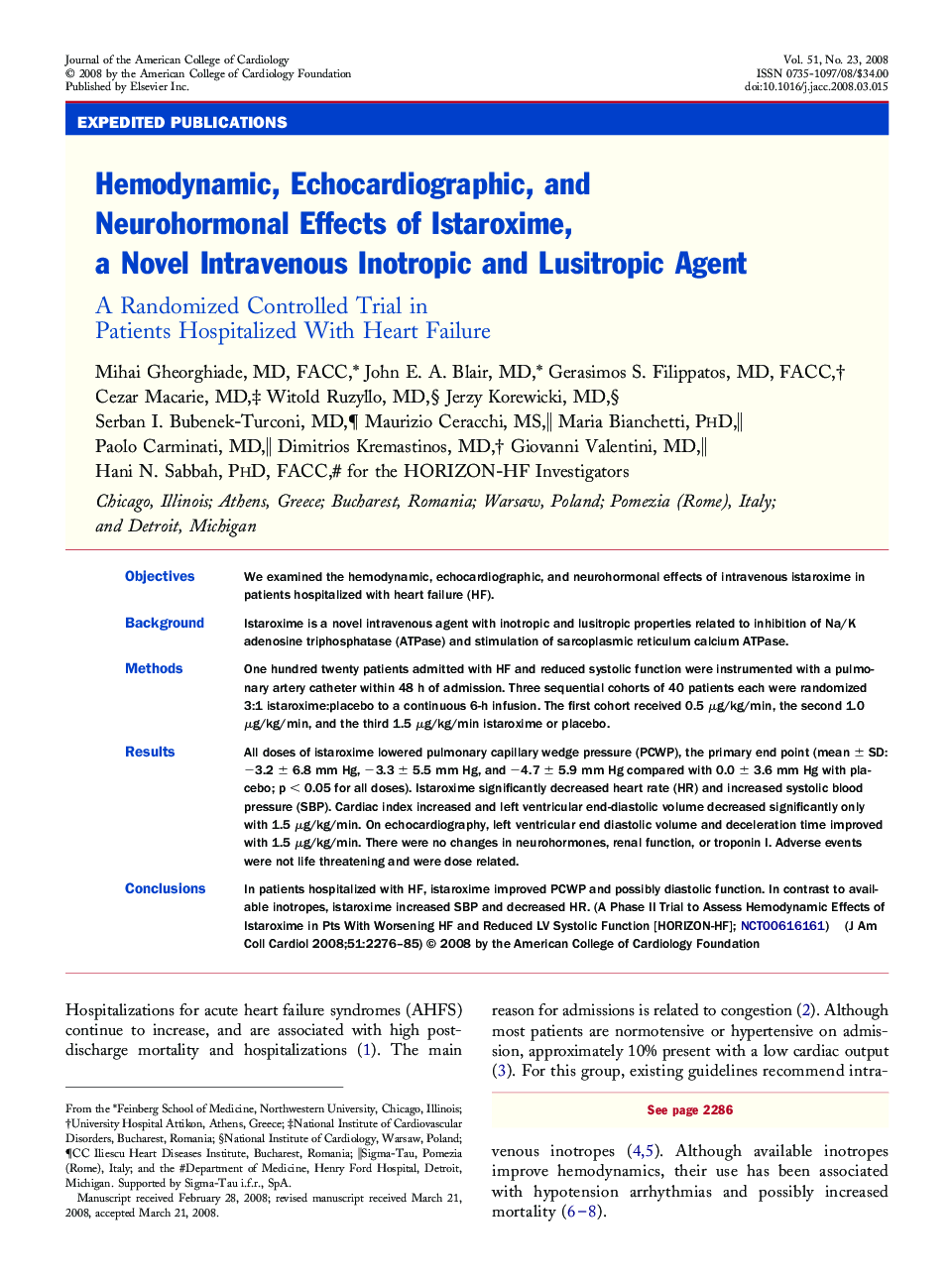 Hemodynamic, Echocardiographic, and Neurohormonal Effects of Istaroxime, a Novel Intravenous Inotropic and Lusitropic Agent : A Randomized Controlled Trial in Patients Hospitalized With Heart Failure