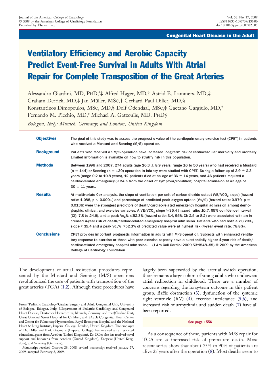 Ventilatory Efficiency and Aerobic Capacity Predict Event-Free Survival in Adults With Atrial Repair for Complete Transposition of the Great Arteries 