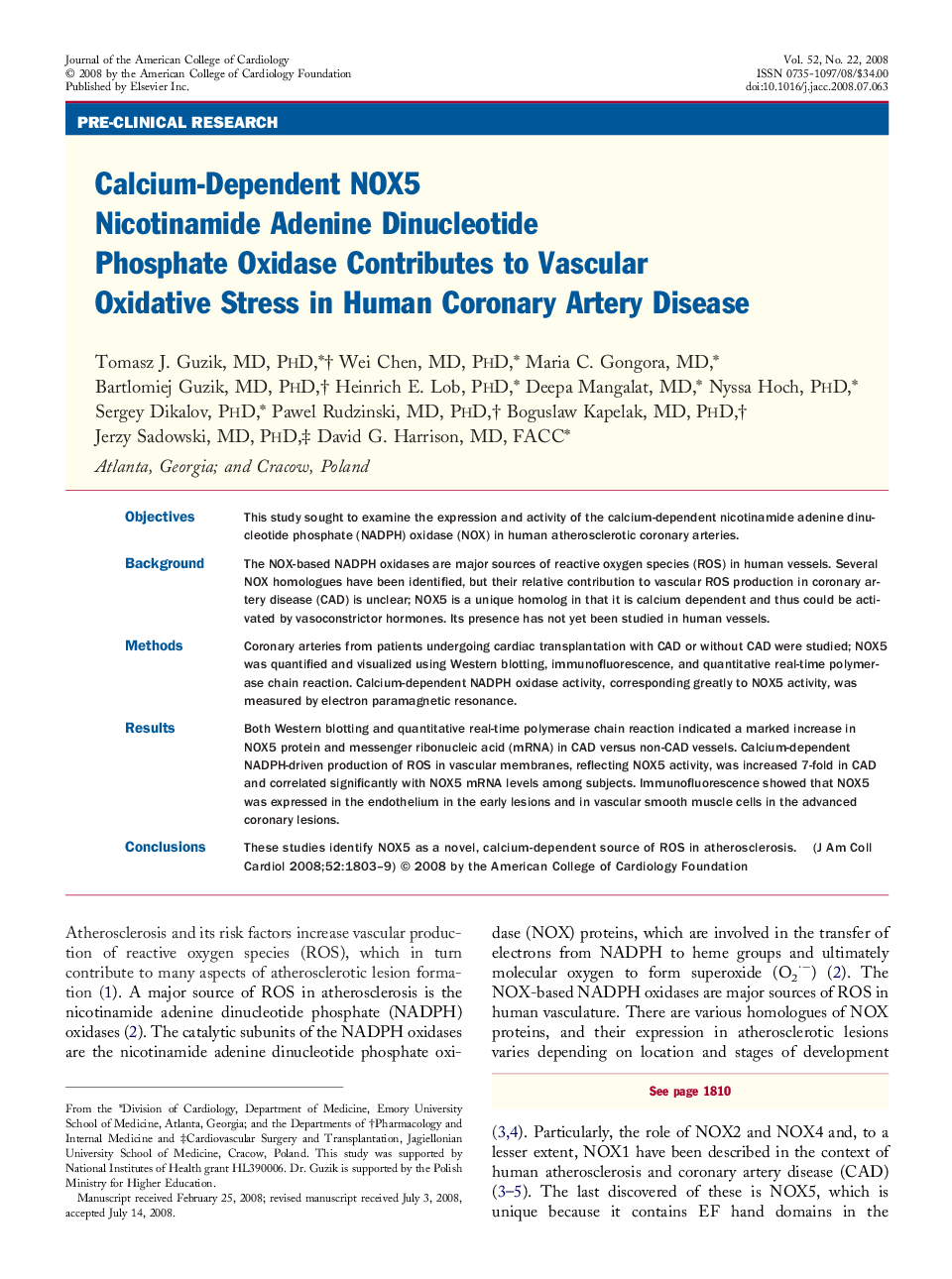 Calcium-Dependent NOX5 Nicotinamide Adenine Dinucleotide Phosphate Oxidase Contributes to Vascular Oxidative Stress in Human Coronary Artery Disease 