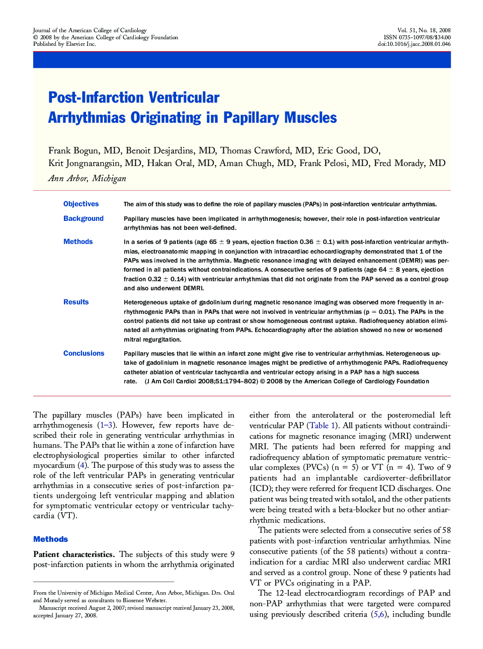 Post-Infarction Ventricular Arrhythmias Originating in Papillary Muscles 