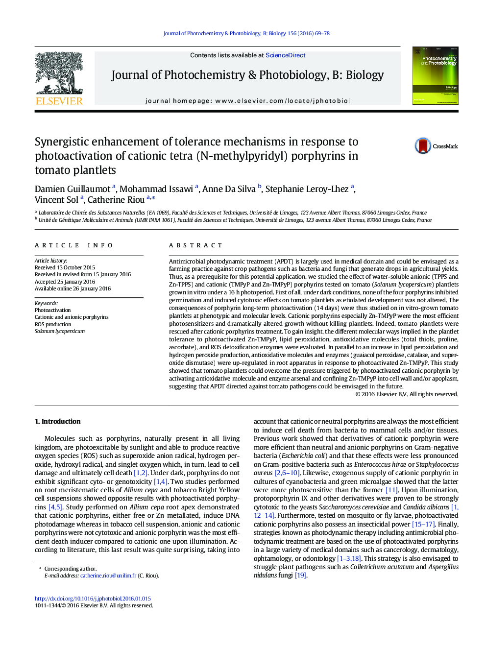 Synergistic enhancement of tolerance mechanisms in response to photoactivation of cationic tetra (N-methylpyridyl) porphyrins in tomato plantlets