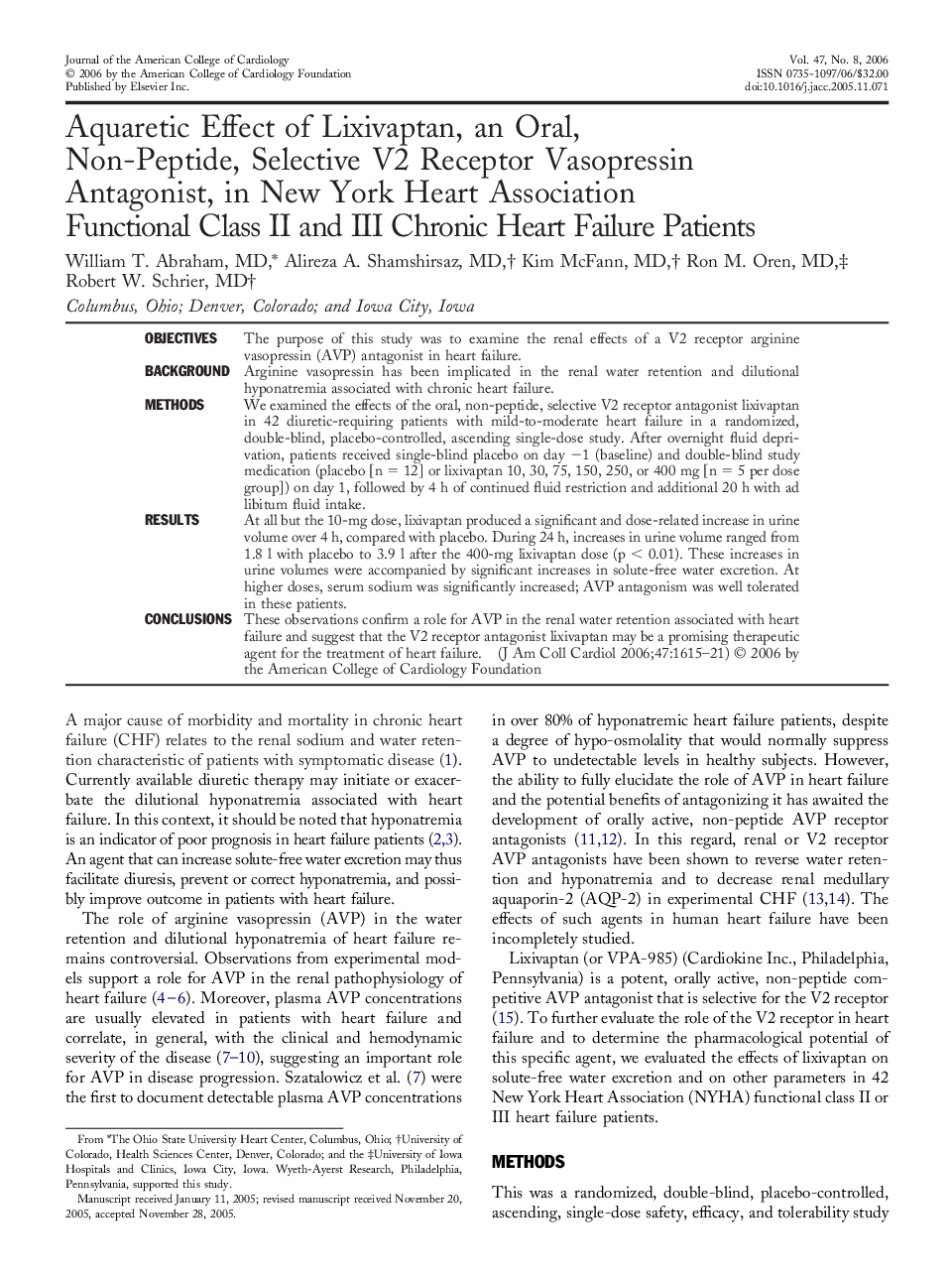 Aquaretic Effect of Lixivaptan, an Oral, Non-Peptide, Selective V2 Receptor Vasopressin Antagonist, in New York Heart Association Functional Class II and III Chronic Heart Failure Patients 