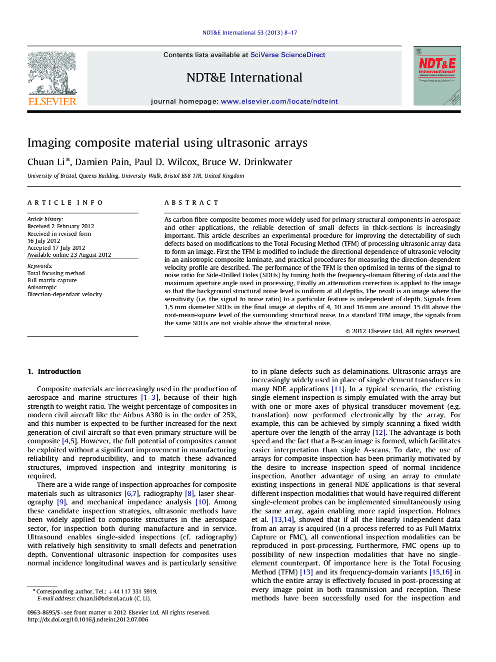 Imaging composite material using ultrasonic arrays