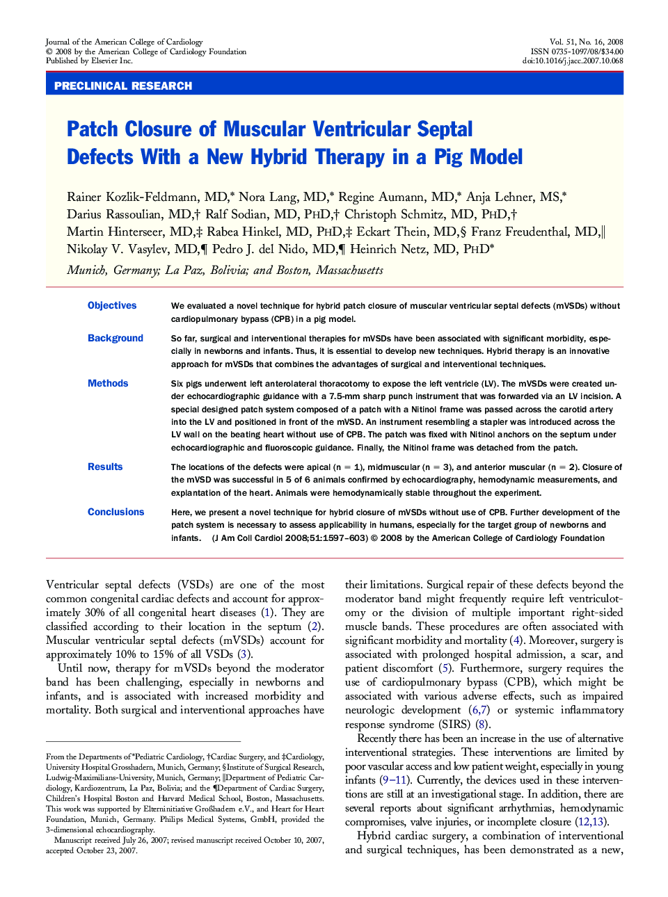 Patch Closure of Muscular Ventricular Septal Defects With a New Hybrid Therapy in a Pig Model 