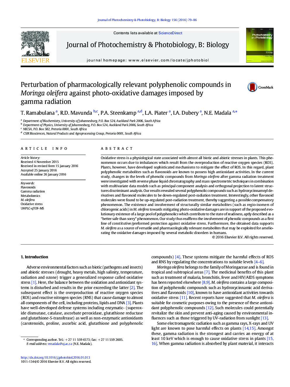 Perturbation of pharmacologically relevant polyphenolic compounds in Moringa oleifera against photo-oxidative damages imposed by gamma radiation
