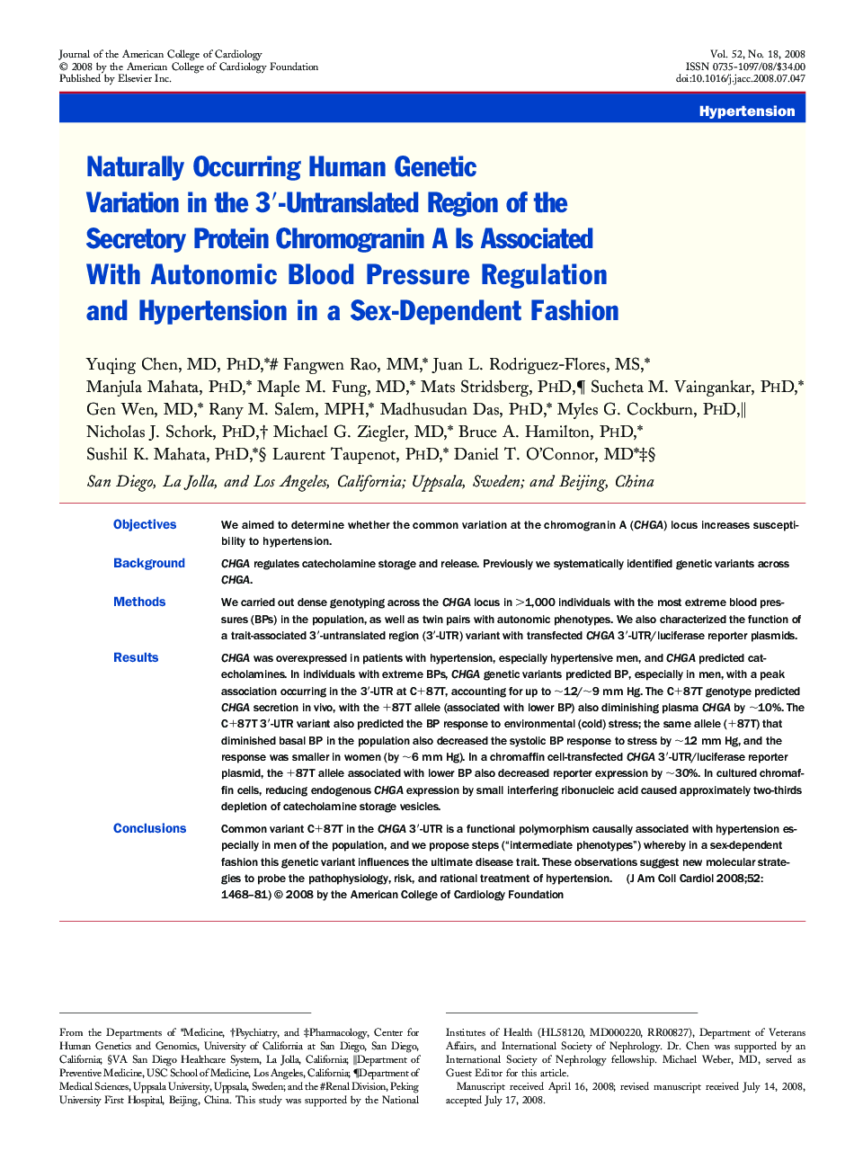 Naturally Occurring Human Genetic Variation in the 3′-Untranslated Region of the Secretory Protein Chromogranin A Is Associated With Autonomic Blood Pressure Regulation and Hypertension in a Sex-Dependent Fashion 