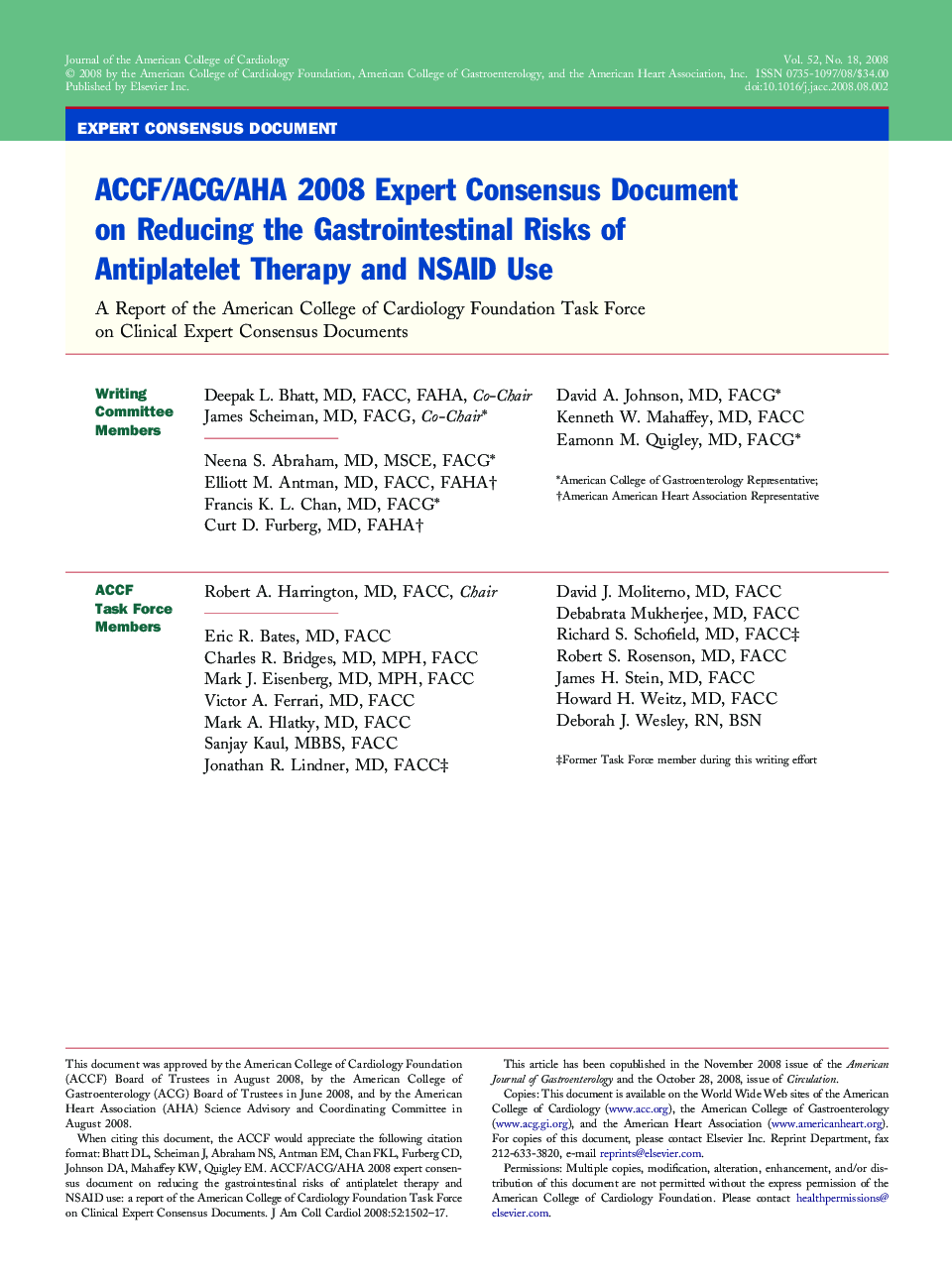 عکس صفحه اول مقاله: ACCF/ACG/AHA 2008 Expert Consensus Document on Reducing the Gastrointestinal Risks of Antiplatelet Therapy and NSAID Use ACCF/ACG/AHA 2008 Expert Consensus Document on Reducing the Gastrointestinal Risks of Antiplatelet Therapy and NSAID Use
