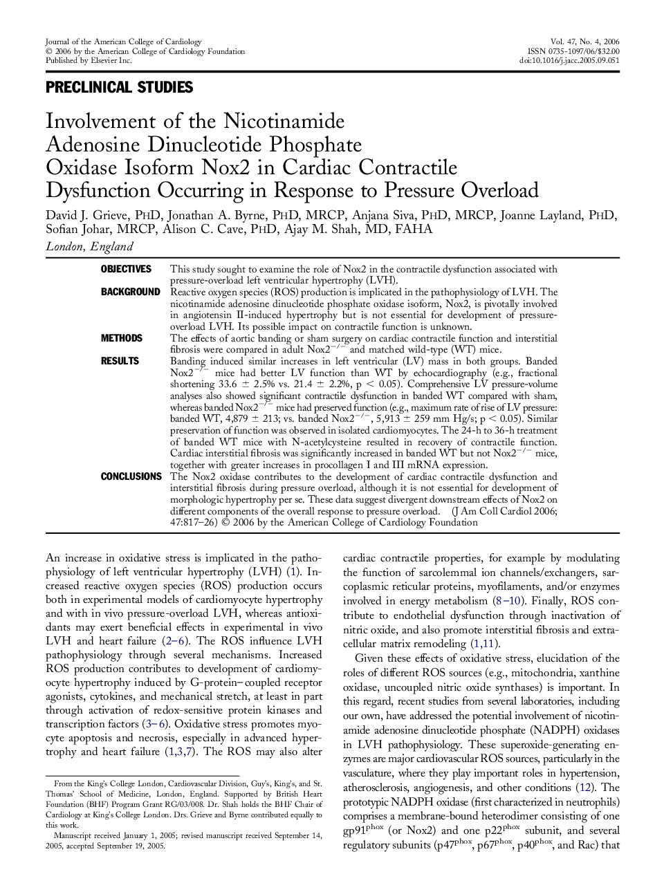 Involvement of the Nicotinamide Adenosine Dinucleotide Phosphate Oxidase Isoform Nox2 in Cardiac Contractile Dysfunction Occurring in Response to Pressure Overload 