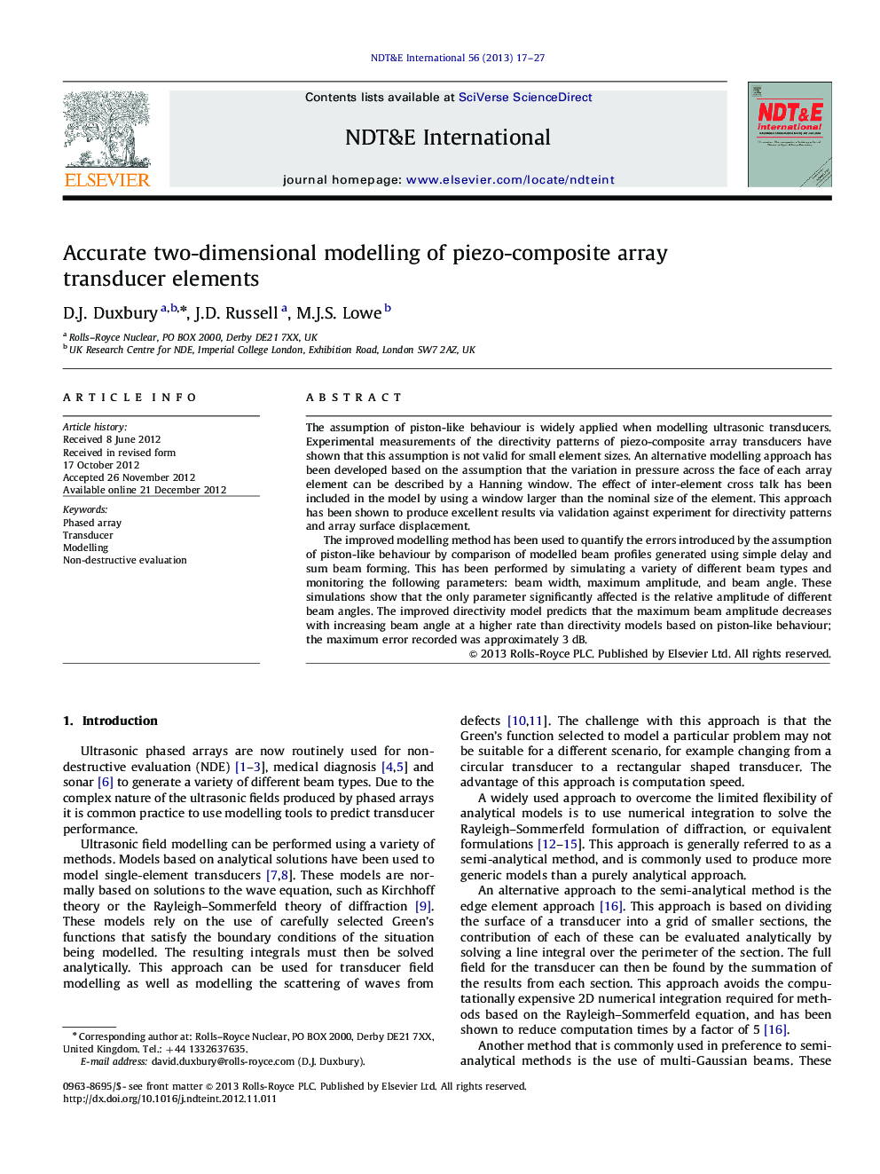 Accurate two-dimensional modelling of piezo-composite array transducer elements