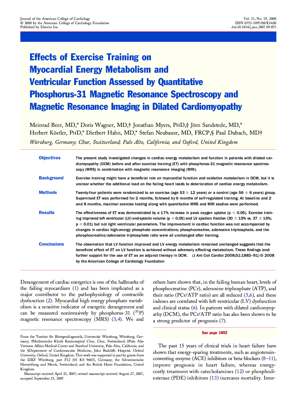 Effects of Exercise Training on Myocardial Energy Metabolism and Ventricular Function Assessed by Quantitative Phosphorus-31 Magnetic Resonance Spectroscopy and Magnetic Resonance Imaging in Dilated Cardiomyopathy 