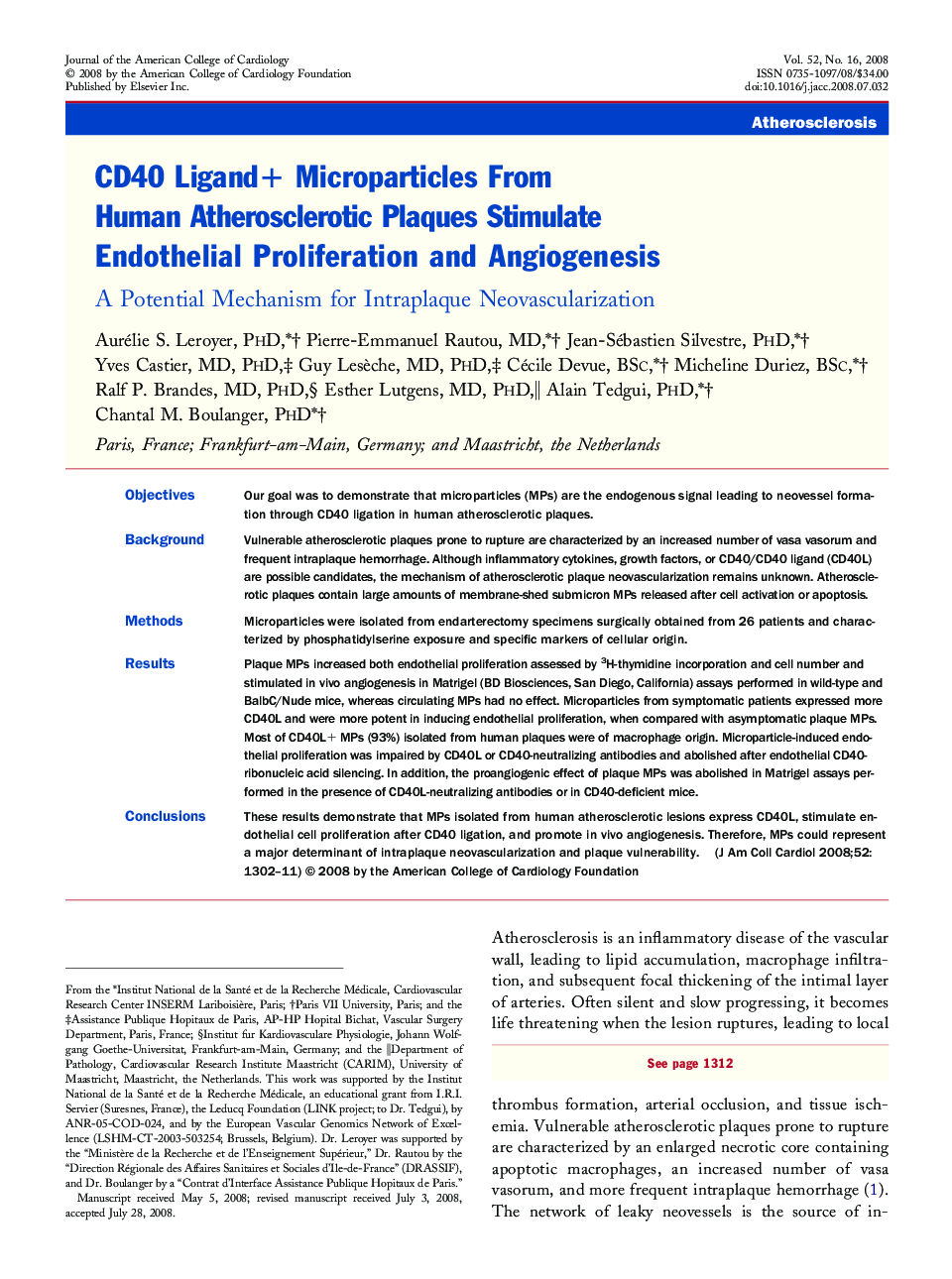 CD40 Ligand+ Microparticles From Human Atherosclerotic Plaques Stimulate Endothelial Proliferation and Angiogenesis : A Potential Mechanism for Intraplaque Neovascularization