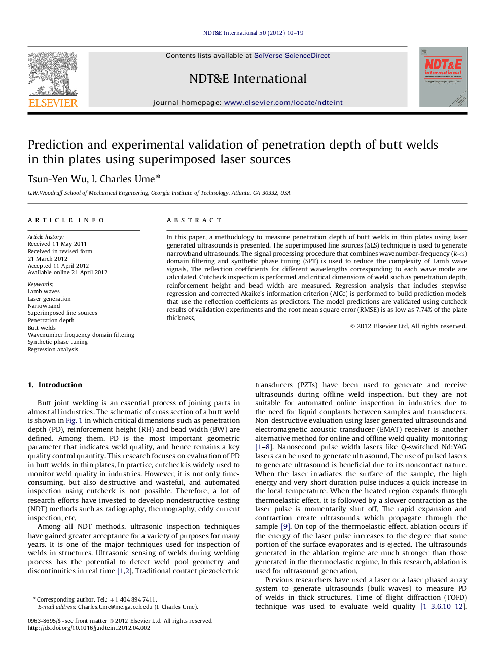 Prediction and experimental validation of penetration depth of butt welds in thin plates using superimposed laser sources