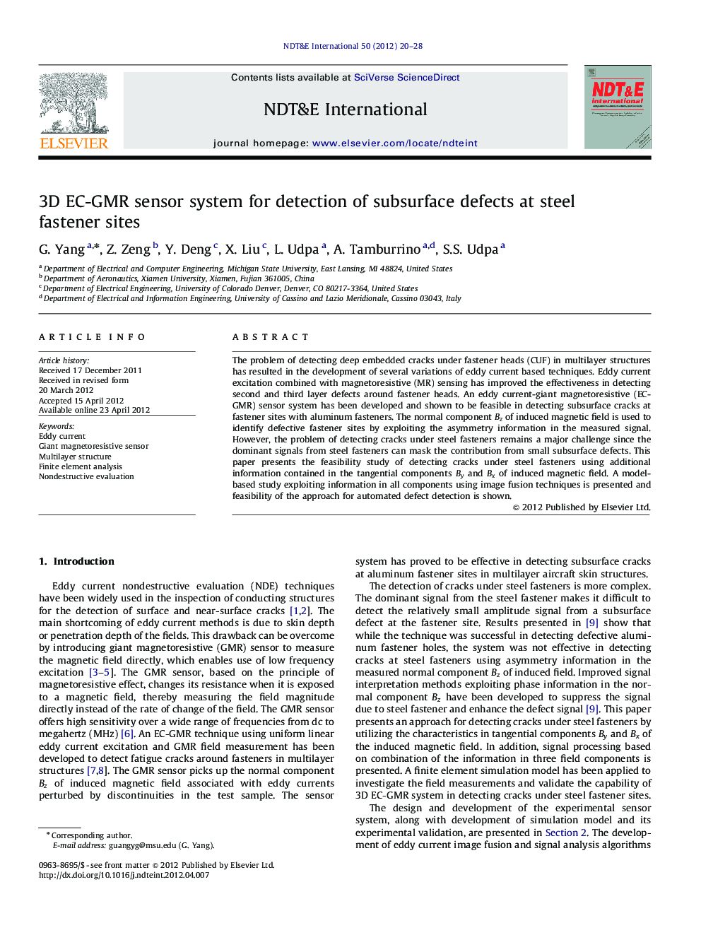 3D EC-GMR sensor system for detection of subsurface defects at steel fastener sites