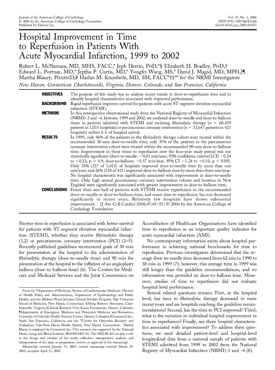 Hospital Improvement in Time to Reperfusion in Patients With Acute Myocardial Infarction, 1999 to 2002 