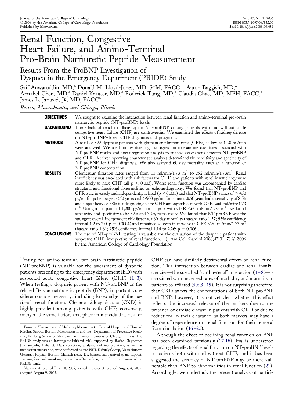 Renal Function, Congestive Heart Failure, and Amino-Terminal Pro-Brain Natriuretic Peptide Measurement