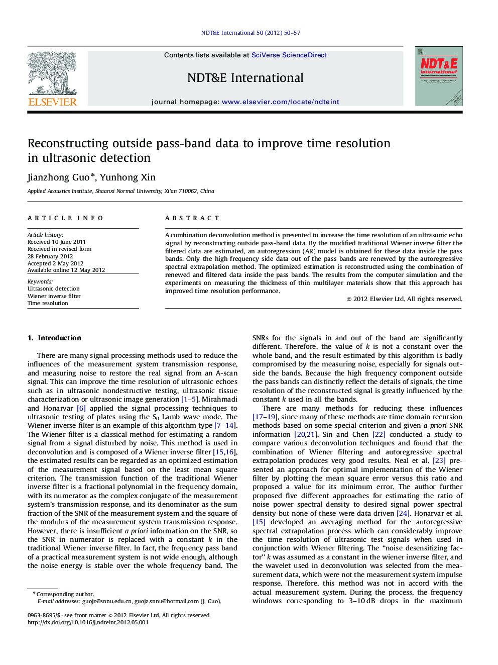 Reconstructing outside pass-band data to improve time resolution in ultrasonic detection