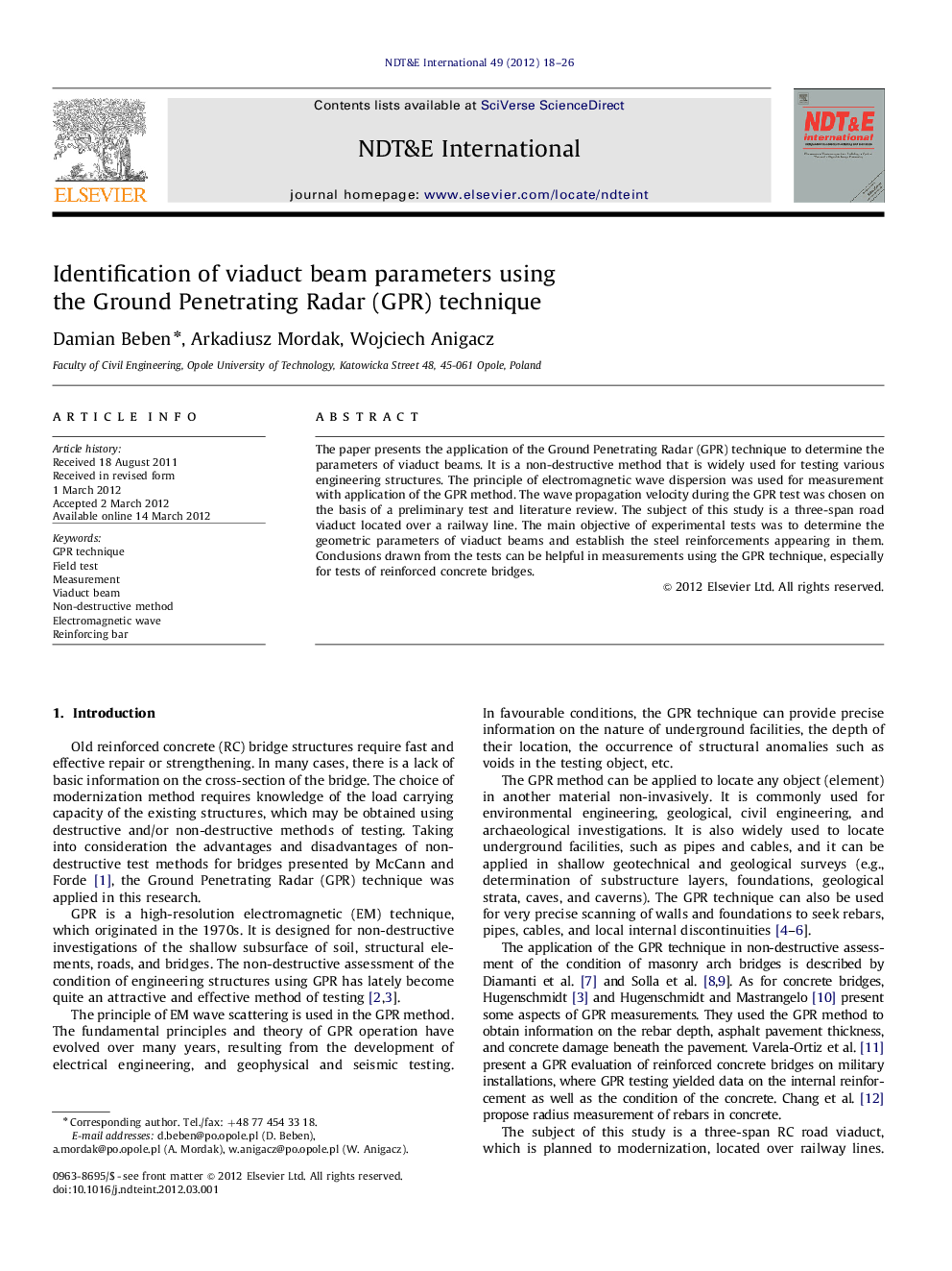 Identification of viaduct beam parameters using the Ground Penetrating Radar (GPR) technique