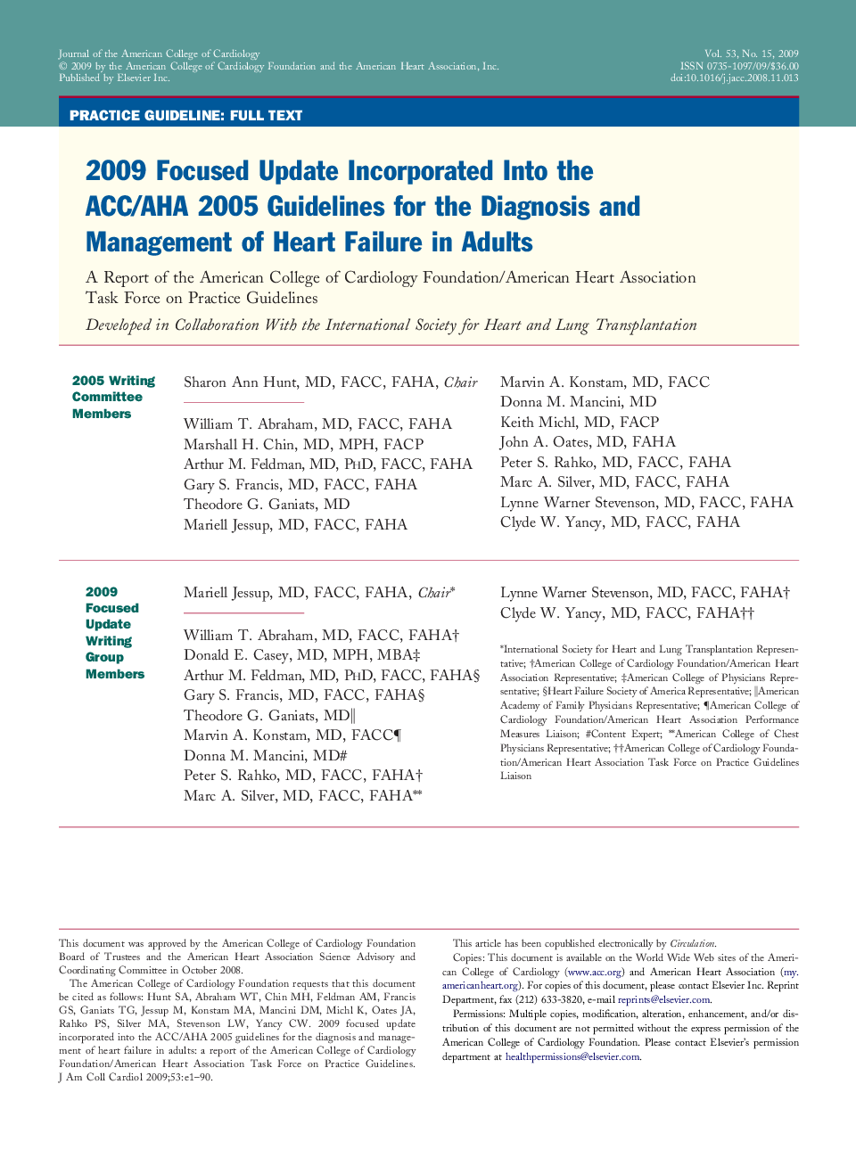 2009 Focused Update Incorporated Into the ACC/AHA 2005 Guidelines for the Diagnosis and Management of Heart Failure in Adults