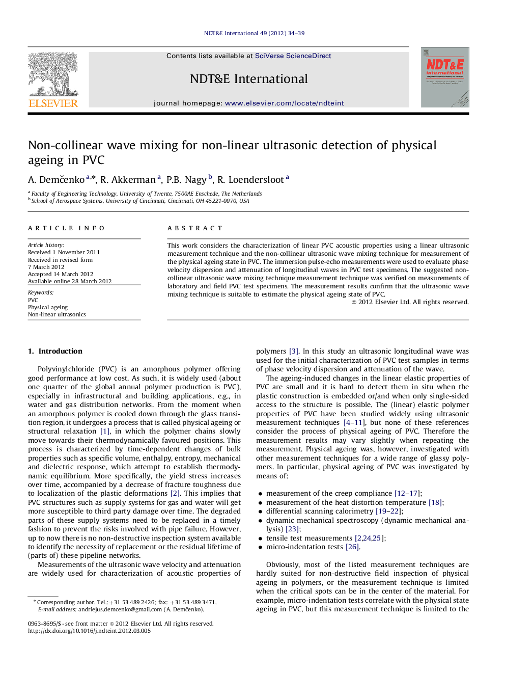 Non-collinear wave mixing for non-linear ultrasonic detection of physical ageing in PVC