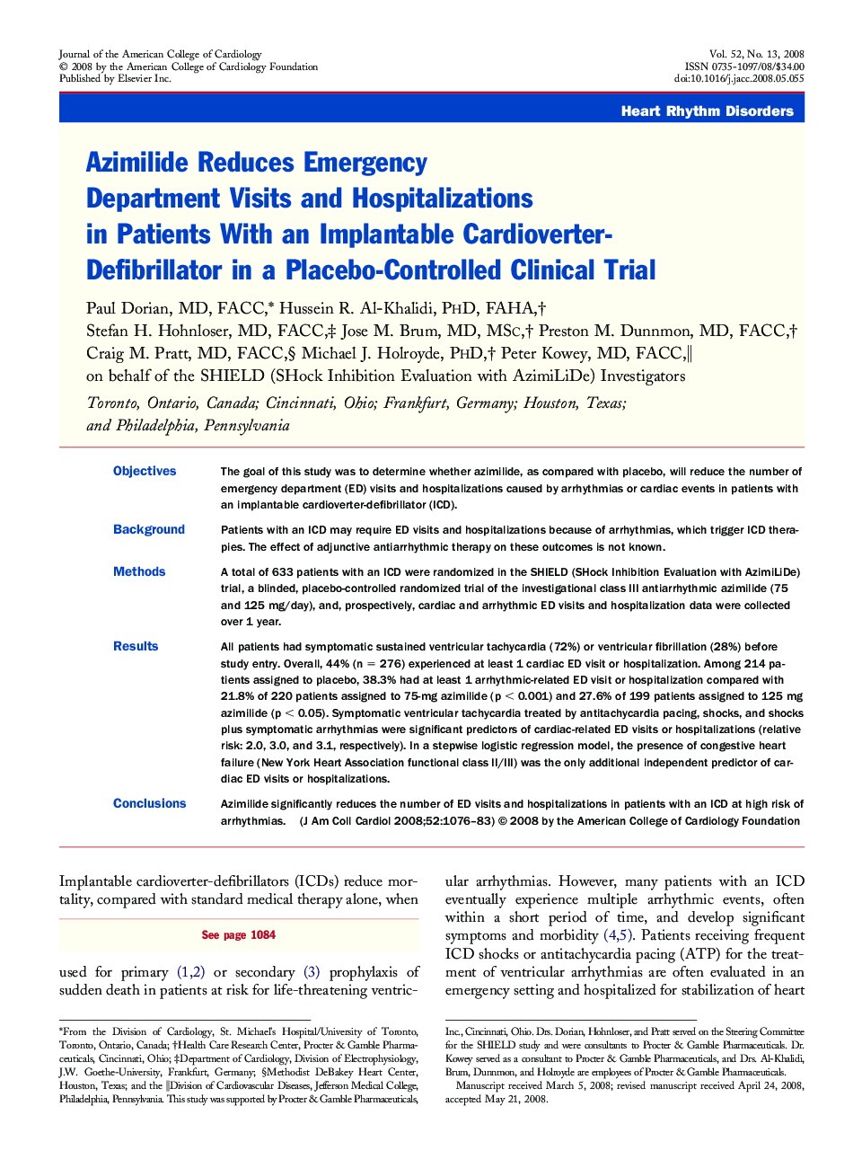 Azimilide Reduces Emergency Department Visits and Hospitalizations in Patients With an Implantable Cardioverter-Defibrillator in a Placebo-Controlled Clinical Trial 