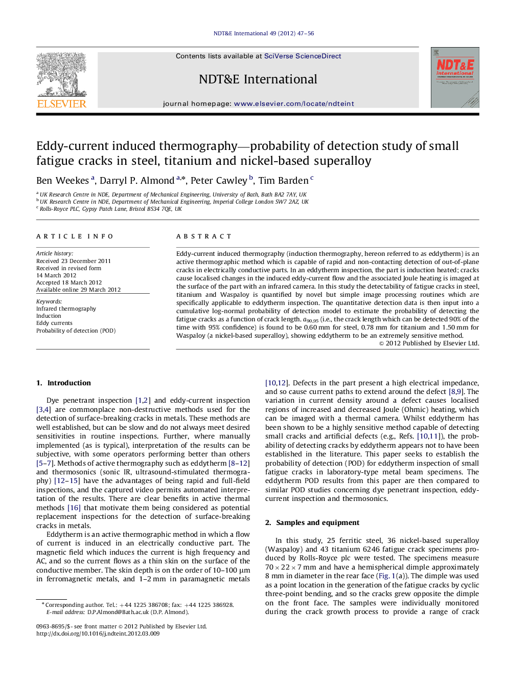 Eddy-current induced thermography—probability of detection study of small fatigue cracks in steel, titanium and nickel-based superalloy