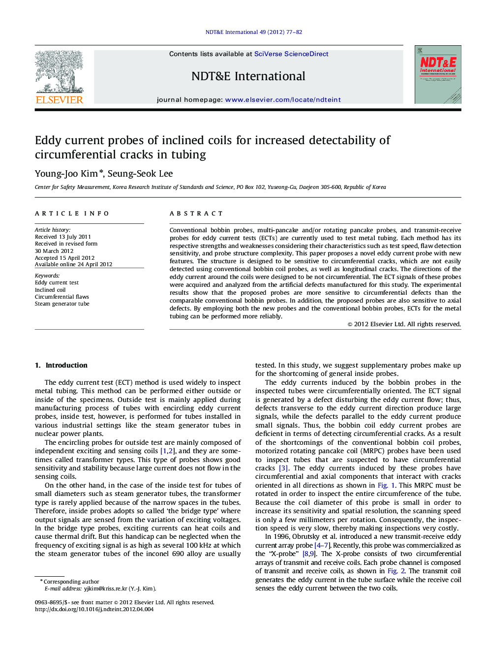 Eddy current probes of inclined coils for increased detectability of circumferential cracks in tubing