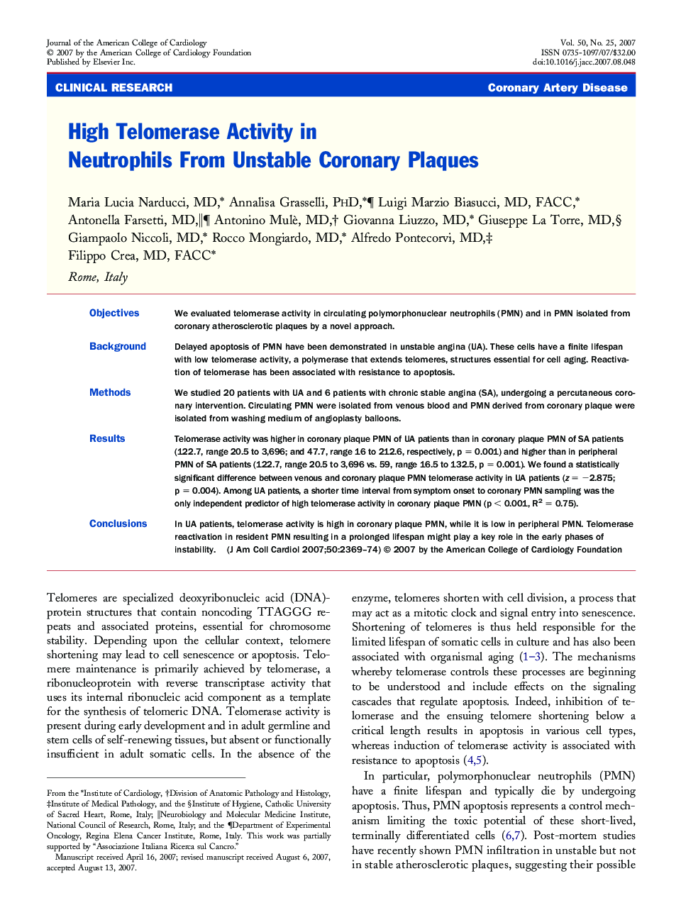 High Telomerase Activity in Neutrophils From Unstable Coronary Plaques 