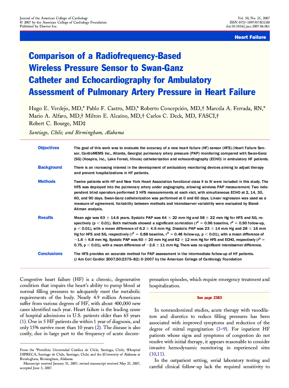 Comparison of a Radiofrequency-Based Wireless Pressure Sensor to Swan-Ganz Catheter and Echocardiography for Ambulatory Assessment of Pulmonary Artery Pressure in Heart Failure