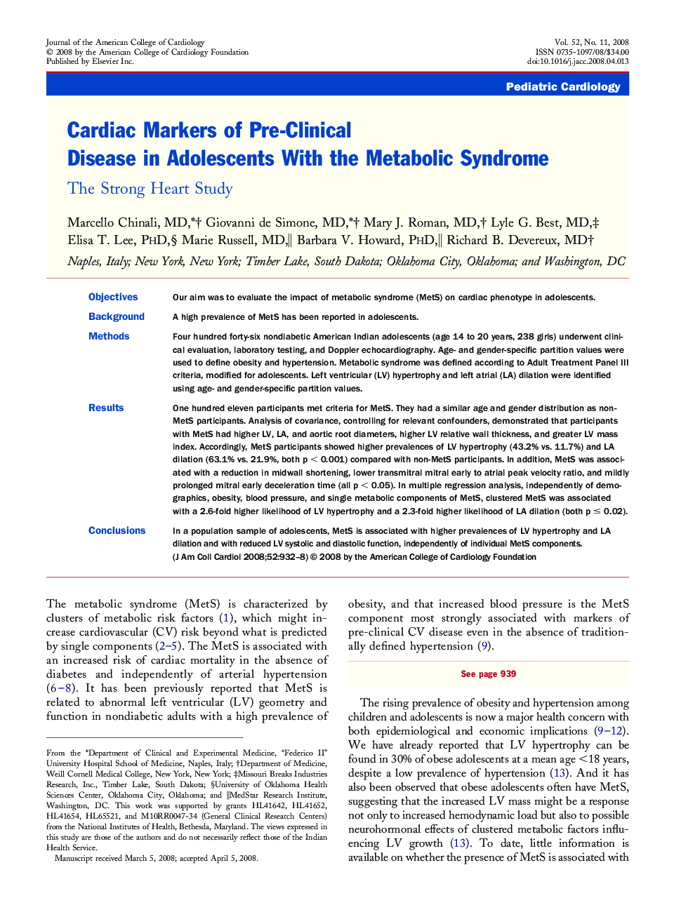 Cardiac Markers of Pre-Clinical Disease in Adolescents With the Metabolic Syndrome : The Strong Heart Study