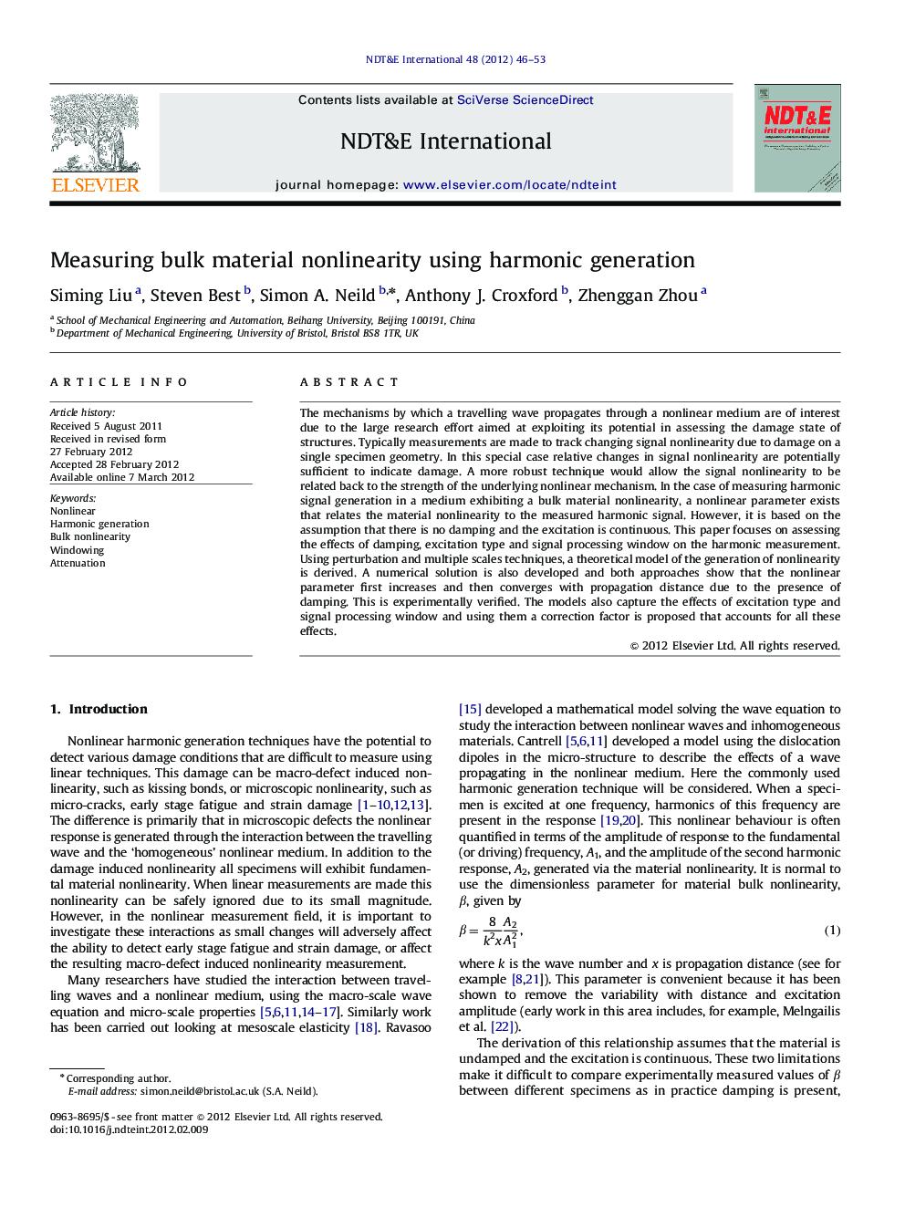 Measuring bulk material nonlinearity using harmonic generation