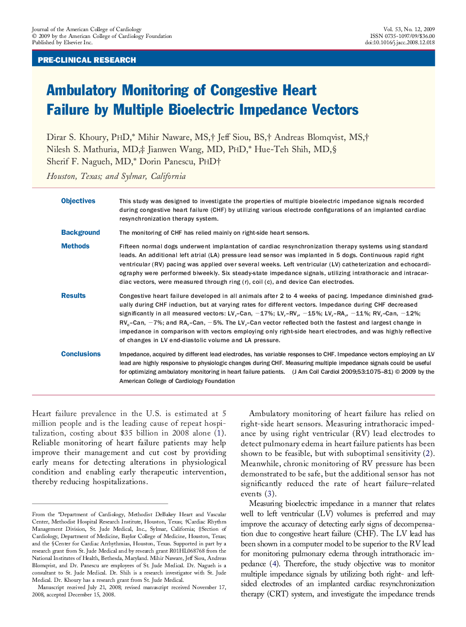 Ambulatory Monitoring of Congestive Heart Failure by Multiple Bioelectric Impedance Vectors 