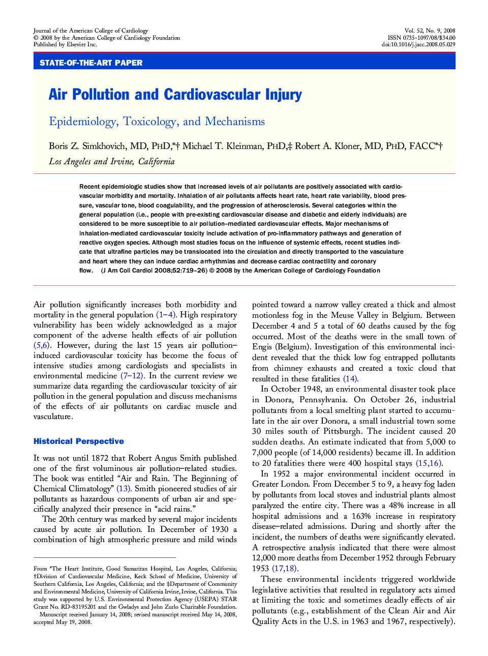 Air Pollution and Cardiovascular Injury : Epidemiology, Toxicology, and Mechanisms