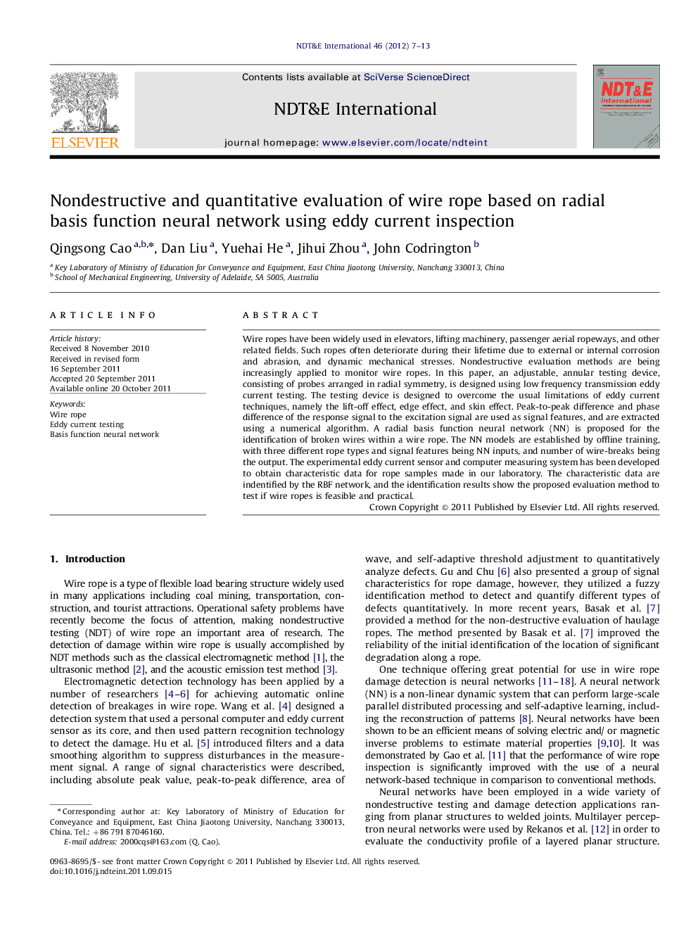 Nondestructive and quantitative evaluation of wire rope based on radial basis function neural network using eddy current inspection