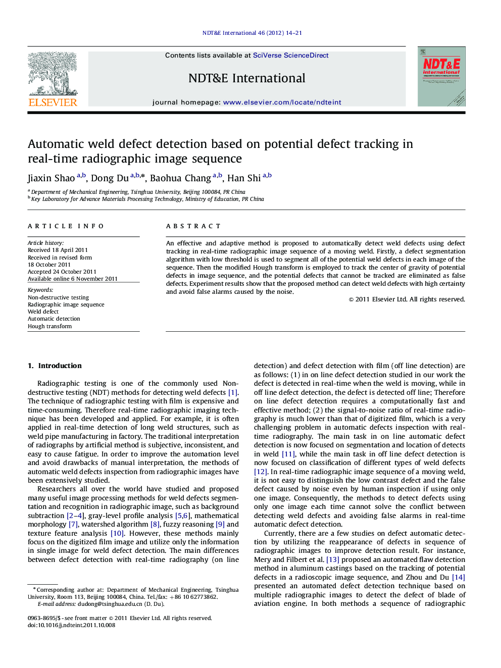 Automatic weld defect detection based on potential defect tracking in real-time radiographic image sequence