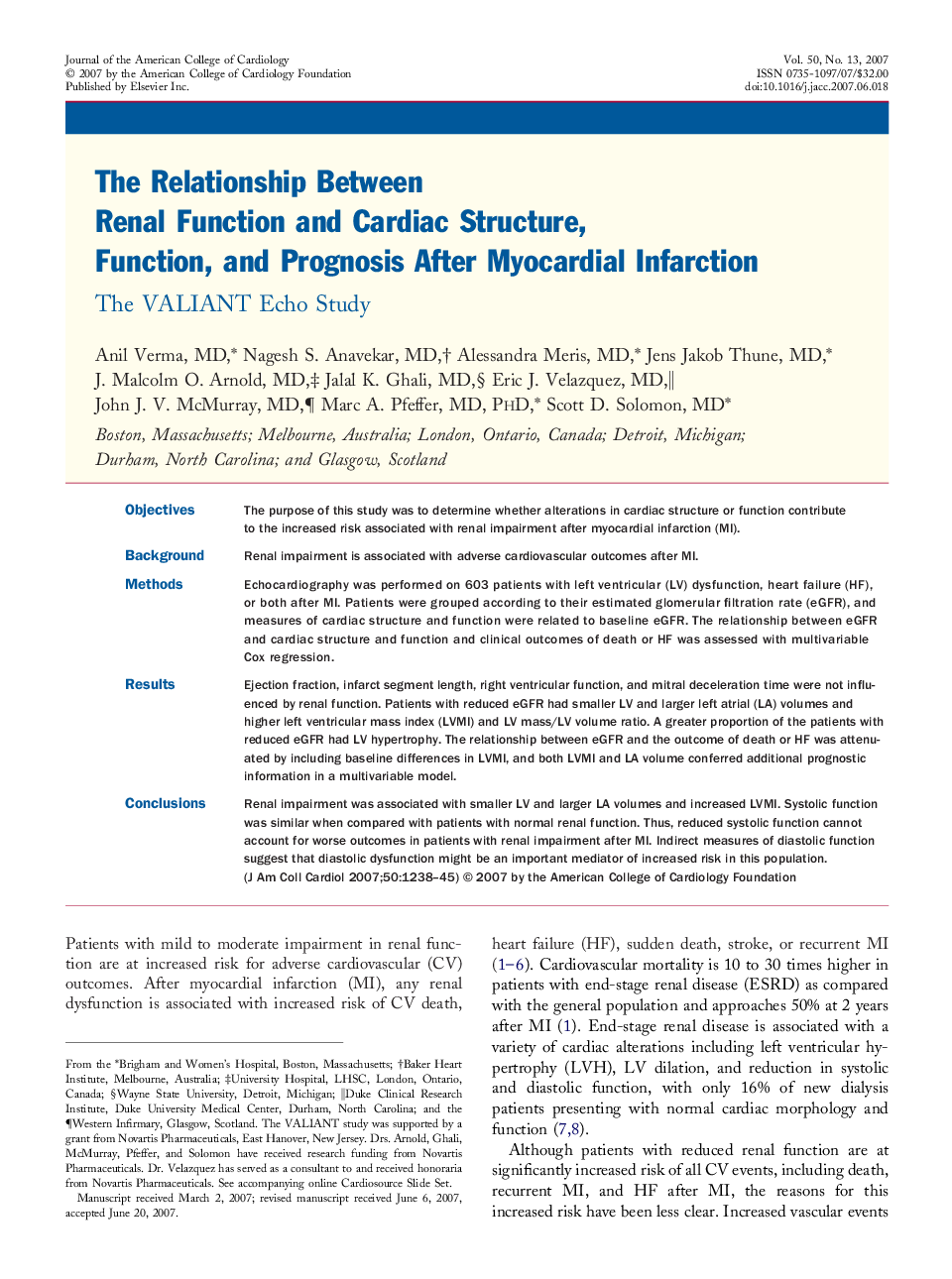 The Relationship Between Renal Function and Cardiac Structure, Function, and Prognosis After Myocardial Infarction : The VALIANT Echo Study