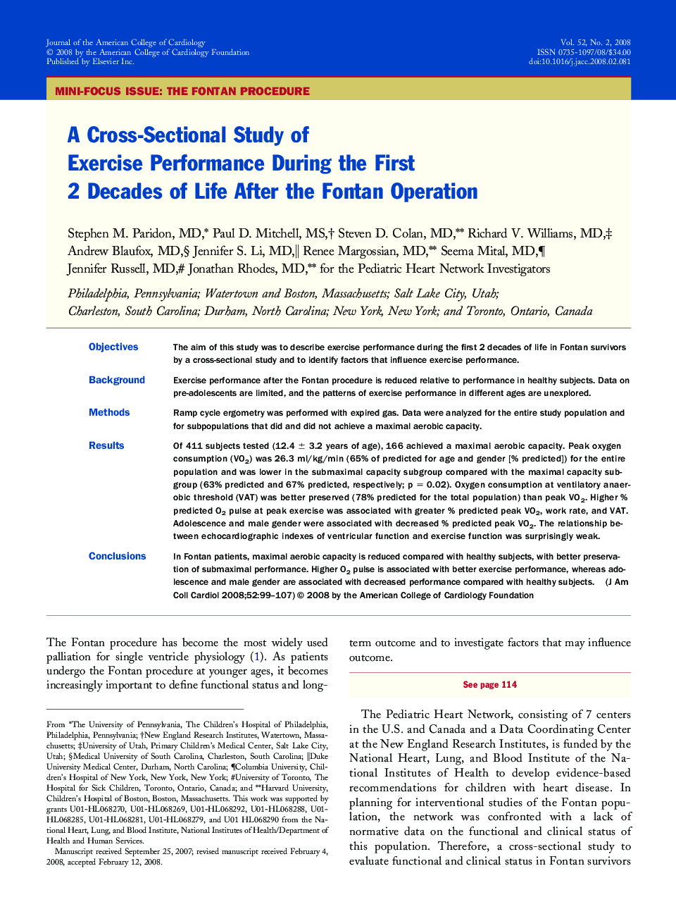 A Cross-Sectional Study of Exercise Performance During the First 2 Decades of Life After the Fontan Operation 