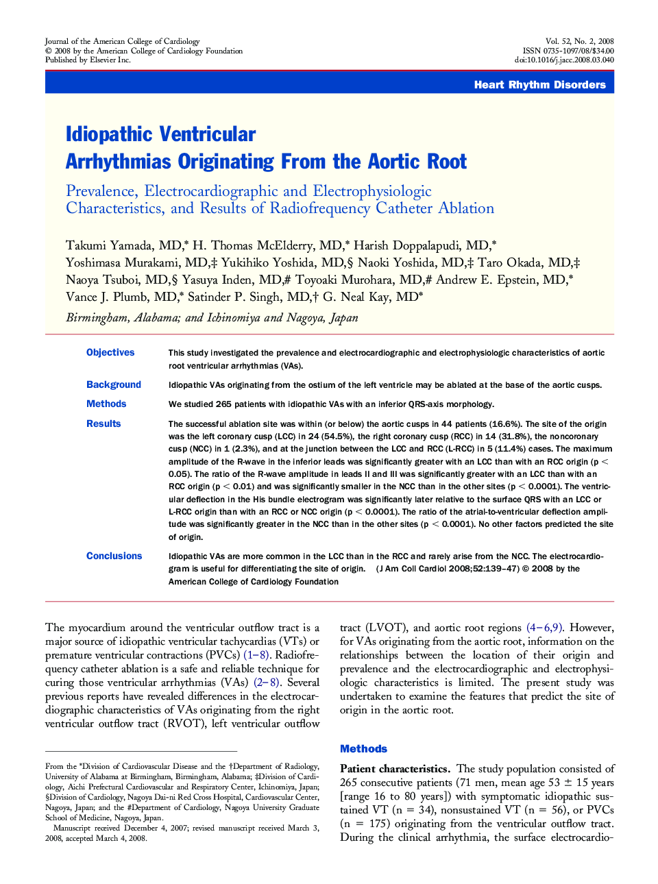 Idiopathic Ventricular Arrhythmias Originating From the Aortic Root: Prevalence, Electrocardiographic and Electrophysiologic Characteristics, and Results of Radiofrequency Catheter Ablation