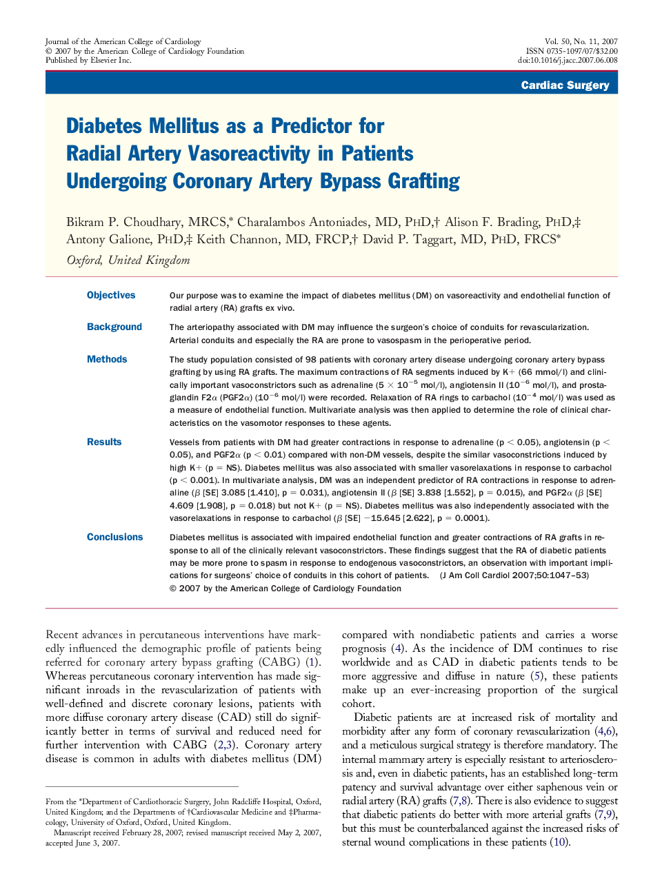 Diabetes Mellitus as a Predictor for Radial Artery Vasoreactivity in Patients Undergoing Coronary Artery Bypass Grafting