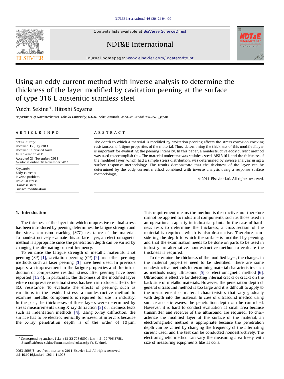 Using an eddy current method with inverse analysis to determine the thickness of the layer modified by cavitation peening at the surface of type 316 L austenitic stainless steel