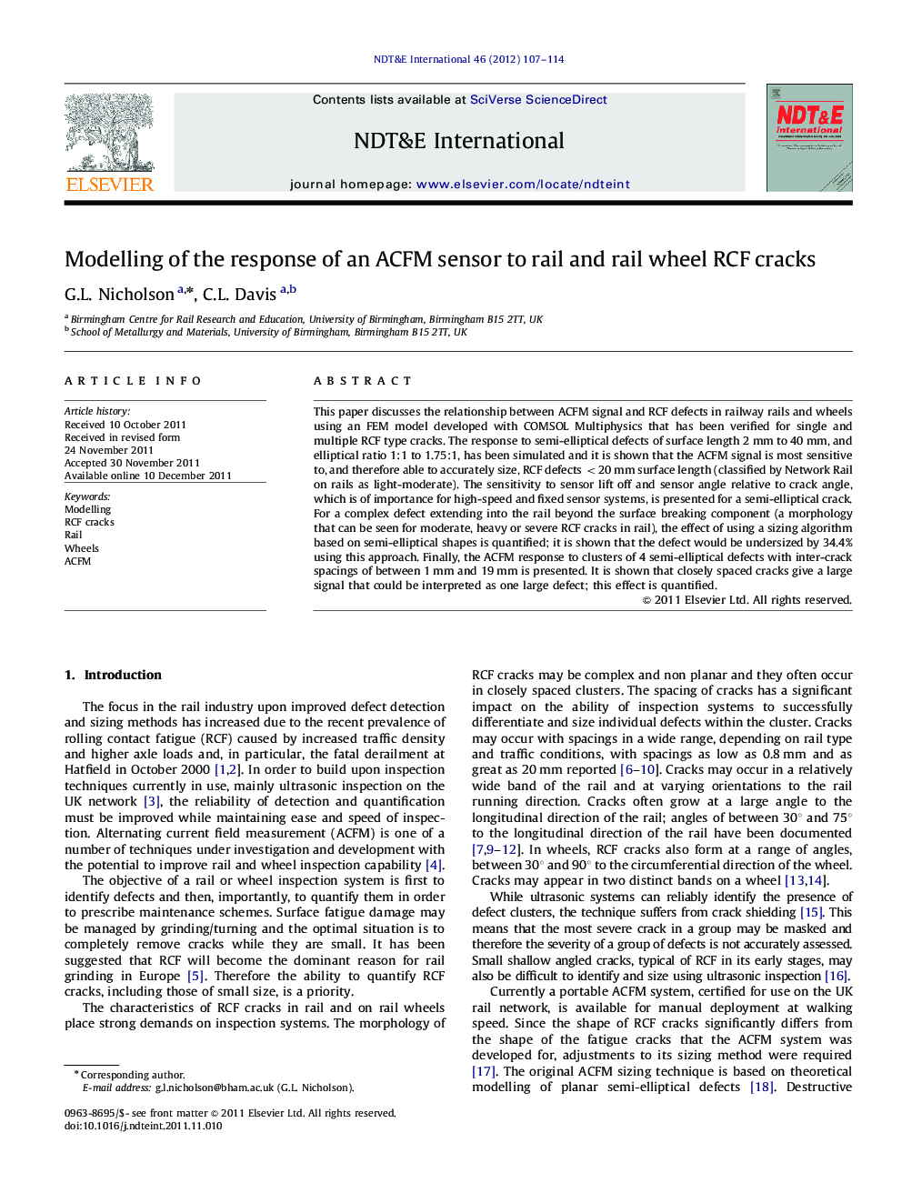 Modelling of the response of an ACFM sensor to rail and rail wheel RCF cracks