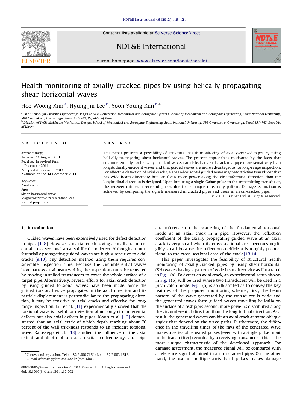 Health monitoring of axially-cracked pipes by using helically propagating shear-horizontal waves