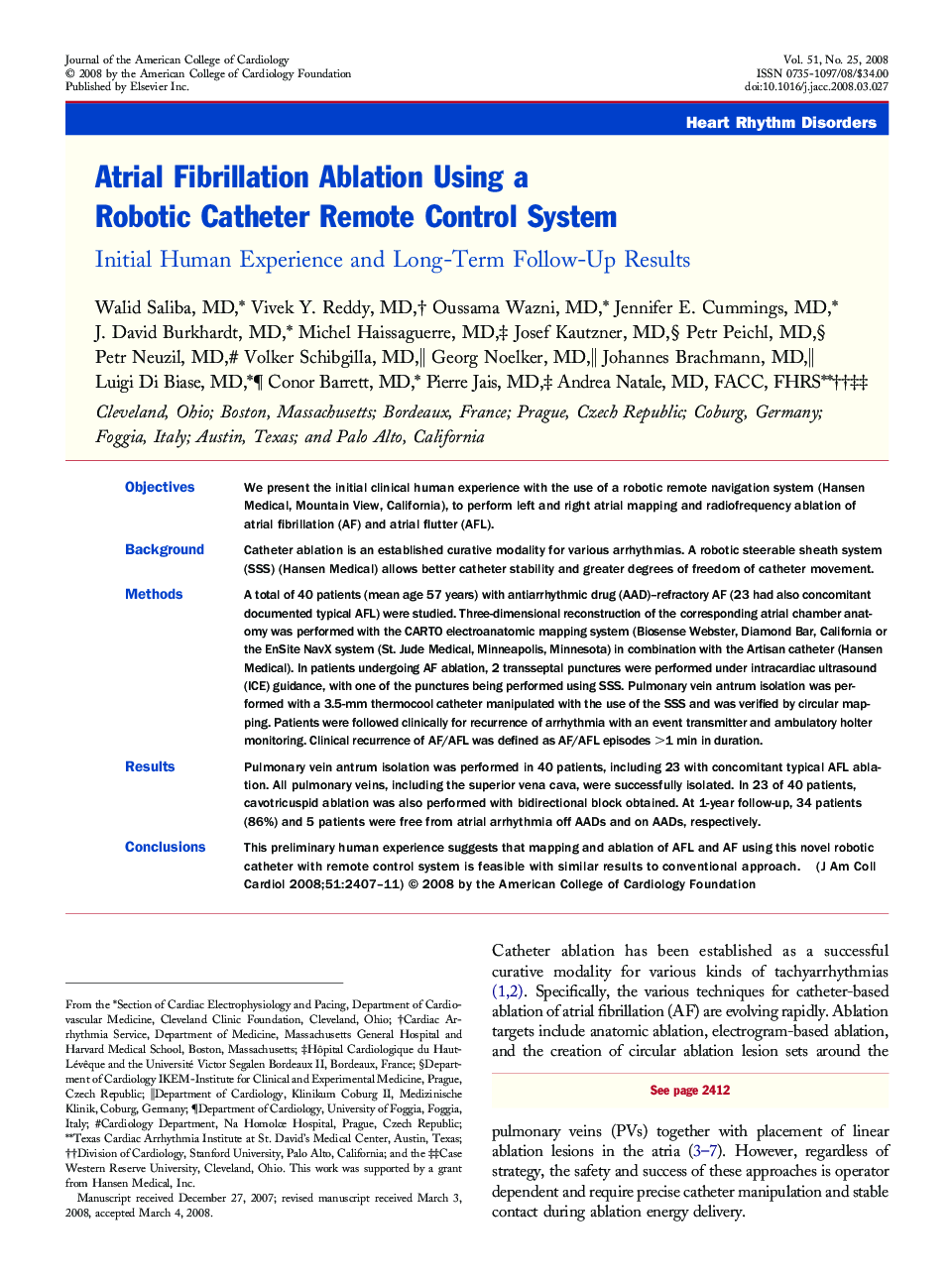 Atrial Fibrillation Ablation Using a Robotic Catheter Remote Control System : Initial Human Experience and Long-Term Follow-Up Results