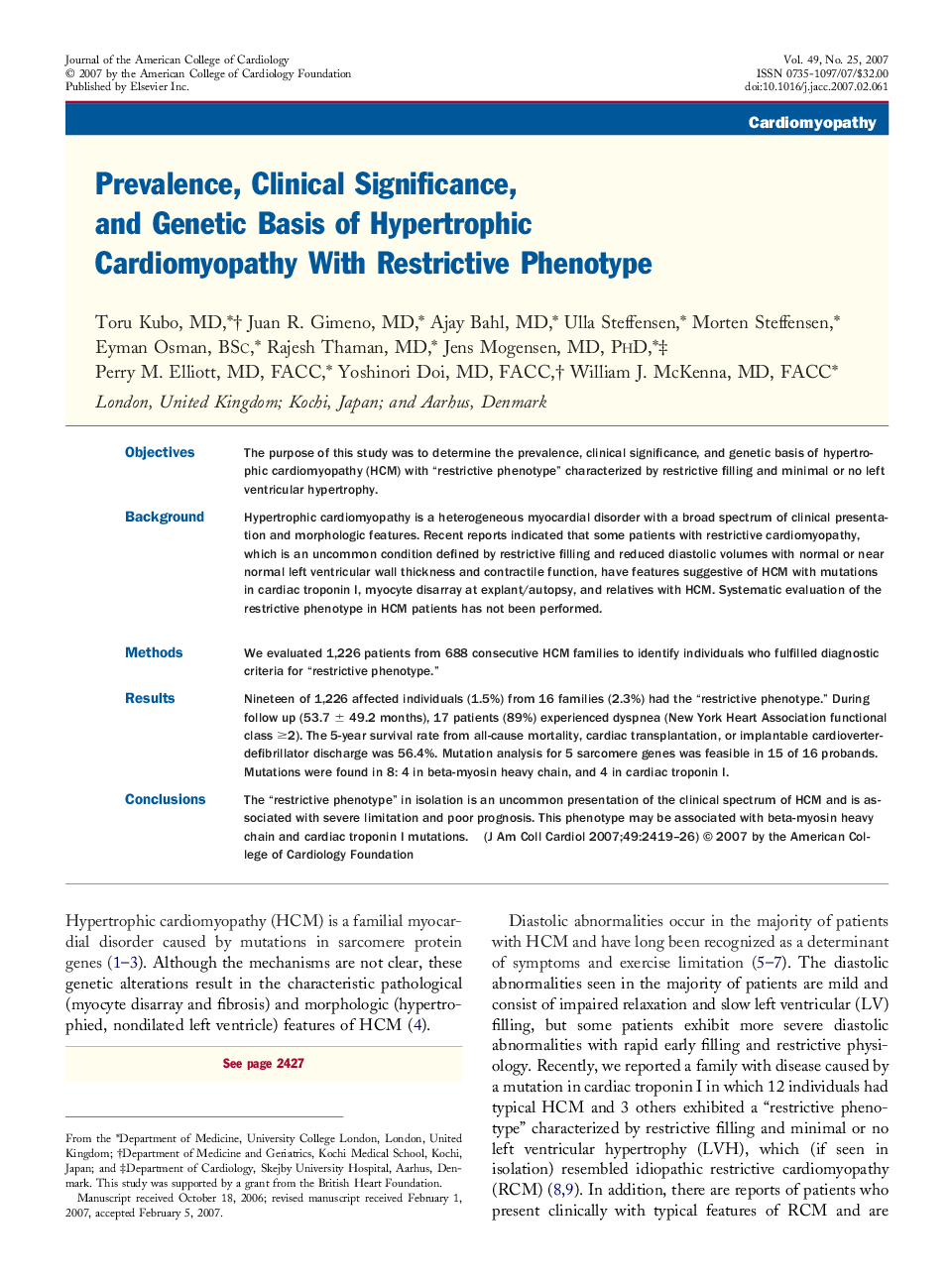 Prevalence, Clinical Significance, and Genetic Basis of Hypertrophic Cardiomyopathy With Restrictive Phenotype 